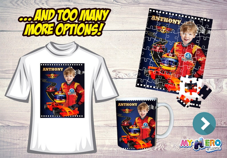 May include: A personalized t-shirt, mug, and jigsaw puzzle featuring a boy in a racing suit with the name "Anthony" on each item. The design includes a red race car and a checkered flag.