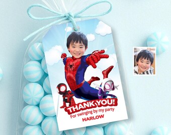 Personalized Spidey Thank You Favor Tags Featuring Kid as Favorite Superhero 2048TY