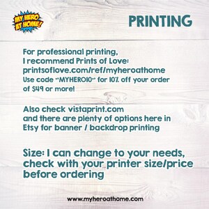 Op de afbeelding: Witte achtergrond met het woord "PRINTING" en het logo "MY HERO AT HOME!". De tekst beveelt printdiensten aan en geeft websiteadressen. Het websiteadres is www.myheroathome.com.