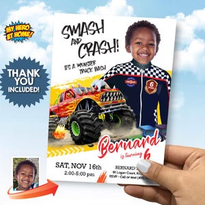 Monster Truck birthday Invitation, Monster Truck digital, Monster Truck theme party, Monster Truck Invite, Monster Truck favors tags. 902