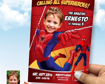 Personalized Spiderman Birthday Party Invitation with kid as the superhero: Printable and Digital. 101IN