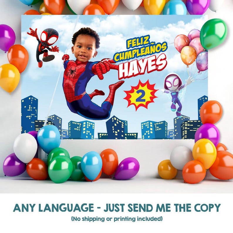 Puede incluir: Un banner de cumplea&ntilde;os personalizado con un dibujo animado de Spiderman y una foto de un ni&ntilde;o. El banner es azul con acentos rojos y amarillos y dice "Feliz Cumpleanos Hayes 2".