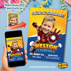 Puede incluir: Una invitaci&oacute;n a una fiesta de cumplea&ntilde;os con tem&aacute;tica de superh&eacute;roes con un esquema de color rojo, amarillo y azul. La invitaci&oacute;n presenta una foto de un ni&ntilde;o vestido como Iron Man y el texto "Calling all superheroes! Weston is turning 6. Sat, August 17th 12:00-2:00 PM. Weston's House 91 Logan Court, Richmond Hill RSVP-Text (305) 465-0922 www.myheroathome.com My Hero At Home!"