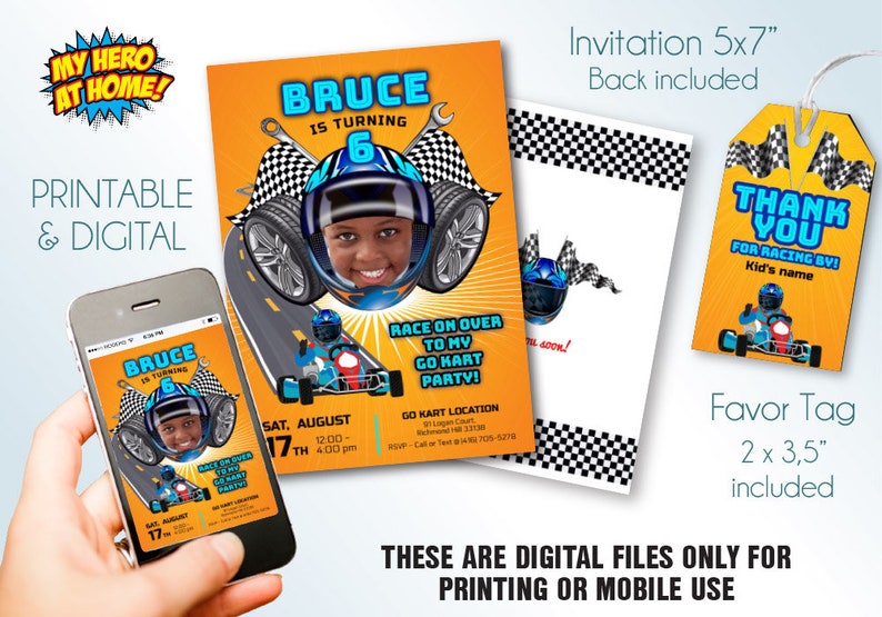 Go Kart Invitation with photo, Go Karting Template, Kids Racing Invitation, Go Kart Racing Invitation, Go-Kart Party favor tags. 1088 image 2