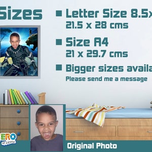May include: A framed poster featuring a child dressed as Black Panther. The poster is displayed above a wooden dresser. Text on the wall indicates available sizes: Letter Size 8.5x11" (21.5 x 28 cms) and A4 (21 x 29.7 cms).