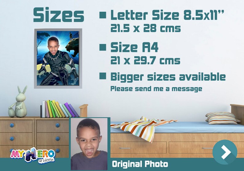 May include: A framed poster featuring a child dressed as Black Panther. The poster is displayed above a wooden dresser. Text on the wall indicates available sizes: Letter Size 8.5x11" (21.5 x 28 cms) and A4 (21 x 29.7 cms).
