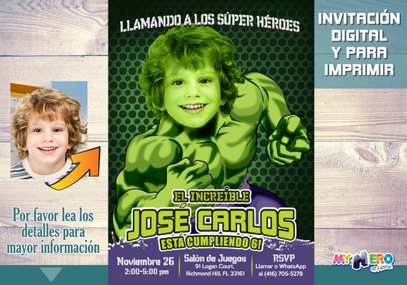 Hulk Invitación de Cumpleaños. Convierta a su niño en Hulk. Invitación Fiesta Hulk. Ideas Fiesta Hulk. Ideas super héroes. 089SP Il_570xn