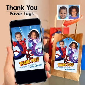 Joint Spidey and Gwen Stacy thank you with photos, 2 Spider kids favor tags, Spidey siblings party favors, Spidey & Gwen Stacy tags. 2253TY