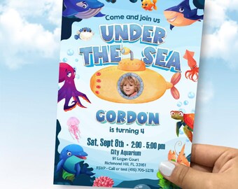 Custom Under The Sea Party Invitation with Birthday Child in a Submarine. 889DIN