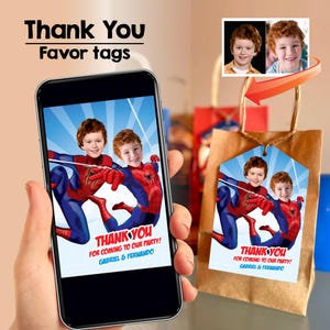 Personalized Spiderman Twins thank you card with photos, Spider-man Siblings party favors, Spiderman 2 kids favor tags with photos. 2270TY