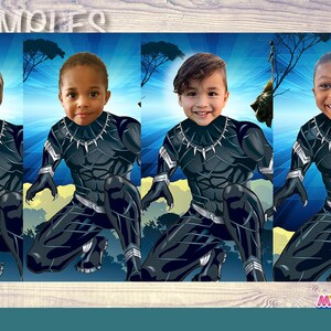 May include: Four children's faces are superimposed on a digitally created image of the Black Panther costume. The costumes are black with silver accents. The background is a blue sky with trees and the words "SAMPLES" and "MY HERO at HOME".