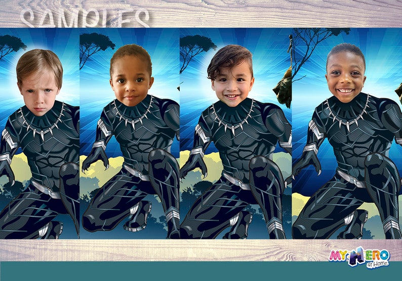 May include: Four children's faces are superimposed on a digitally created image of the Black Panther costume. The costumes are black with silver accents. The background is a blue sky with trees and the words "SAMPLES" and "MY HERO at HOME".