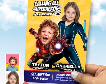 Personalized Siblings Superheroes Party Invitation With Kids as Black Widow and Iron Man. 2495IN3