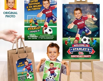Futbol Birthday matching items Bundle with photo. (Invitation, favors tags, Print, Welcome sign). 2241B2