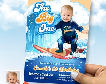 The Big One Birthday Invitation with your baby as the star, Surfer 1st party template. 2357IN
