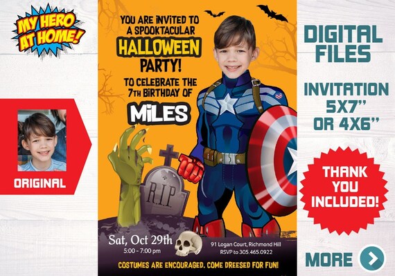Halloween Captain America Party, Halloween Captain America invitation, Captain America photo Invitation, Captain America party favors. 466FB Il_570xn