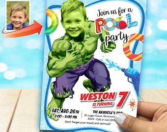 Personalized Superheroes Pool Party Invitation with Birthday Kid as Hulk. 2293C