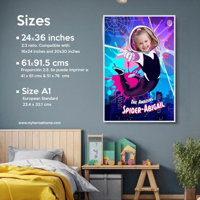 May include: A framed poster featuring a child as Spider-Gwen, with the text "THE AMAZING SPIDER-ABIGAIL". The poster is 24x36 inches, with a 2:3 ratio, and is suitable for 16x24 and 20x30 inch frames. The website www.myheroathome.com is also visible.