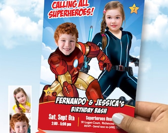 Personalized Joint Superheroes Birthday Invitation Featuring Kids as Black Widow and Iron Man. 2495IN2