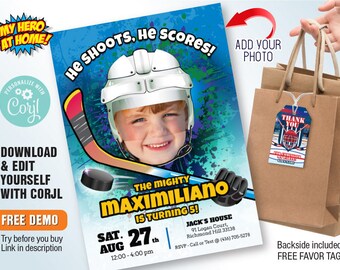 Hockey party invitation with photo, Hockey digital invitation, White helmet Hockey invitation, Hockey invitation template. 1065