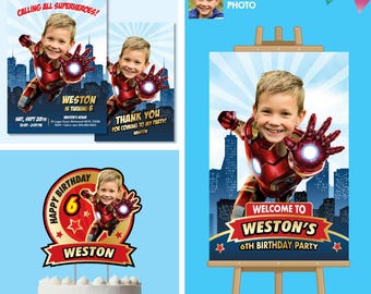 Personalized Iron Man Birthday Bundle with kid as Ironman, Invitation, Welcome, Thanks. 2333B2