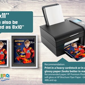 May include: A personalized 8.5x11 inch photo print of a young boy dressed as a race car driver. The print is framed in a white frame and is ready to be displayed. The print is recommended to be printed on heavy cardstock or glossy paper.