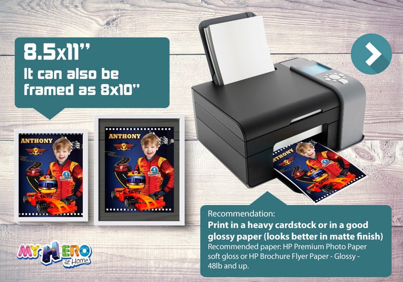 May include: A personalized 8.5x11 inch photo print of a young boy dressed as a race car driver. The print is framed in a white frame and is ready to be displayed. The print is recommended to be printed on heavy cardstock or glossy paper.