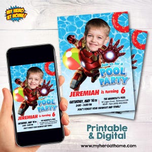Ironman Pool Party Birthday template with kid as the star (Digital, Printable). 709CIN image 2