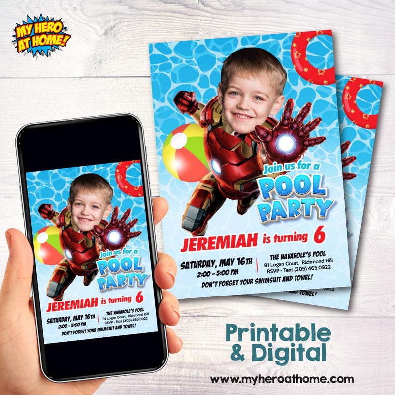 Ironman Pool Party Birthday template with kid as the star (Digital, Printable). 709CIN image 2