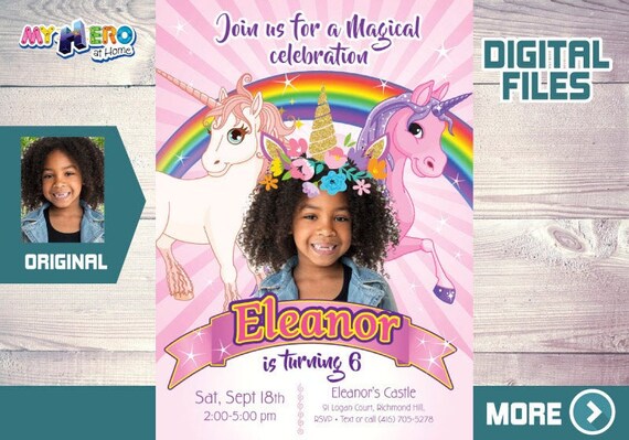 Unicorns Birthday Invitation, Unicorns Photo invitation, Unicorn Party invitation, Rainbow bday invitation. 285 Il_570xn