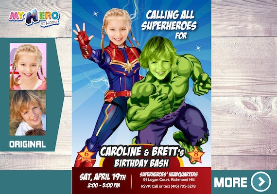 Captain Marvel and Hulk Invitation, Captain Marvel and Hulk Party, Joint Avengers Party Invitation, Avengers Siblings Party, 257 Il_570xn