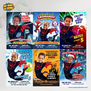 May include: Set of six colorful superhero-themed birthday party invitations. Each invitation features a child dressed as Spider-Man, with text including names, dates, and party details. The invitations are designed for various party themes.