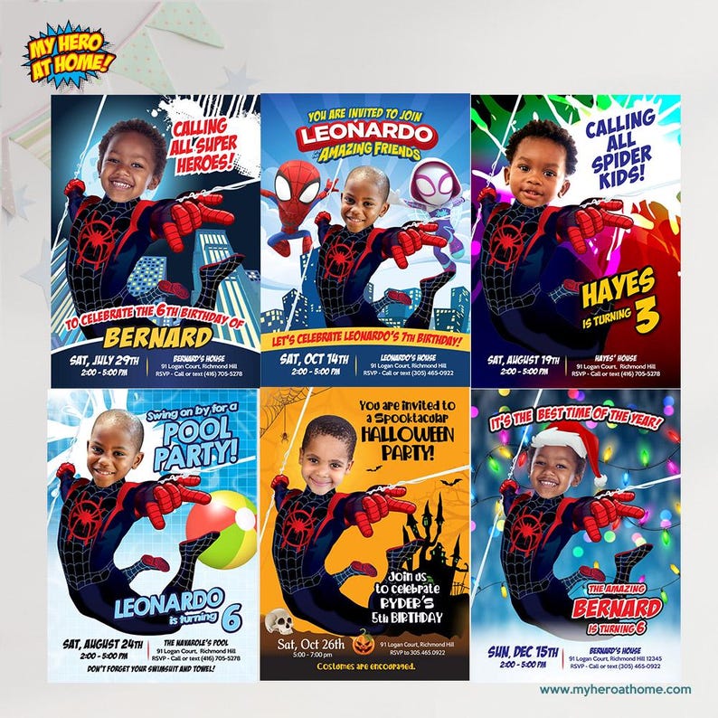 May include: Set of six colorful superhero-themed birthday party invitations. Each invitation features a child dressed as Spider-Man, with text including names, dates, and party details. The invitations are designed for various party themes.
