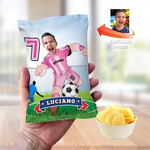 Custom Miami Soccer snacks bags labels, Miami Futbol Chip Bag wrappers, Chip snacks Bags Soccer, Futbol Miami Chip bags with photo. 2362CB