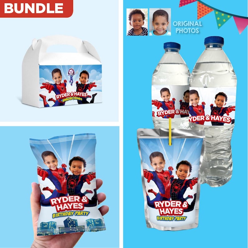 May include: A bundle of party supplies featuring a Spider-Man theme. Includes a white gable box, water bottles, a juice pouch, and a snack bag, all with custom labels. The labels display the names "Ryder & Hayes" and "Birthday Party".