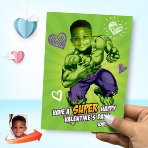 Tarjeta de San Valentín de Hulk con foto, Hulk con temática de San Valentín, tarjeta digital de Hulk para San Valentín, tarjeta de San Valentín para niños, Super San Valentín. 2235