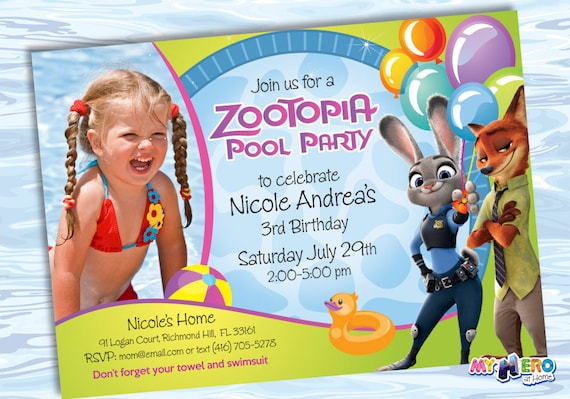 Zootopia Pool Party Birthday Invitation, Themed Zootopia Pool Party, Zootopia Digital Invitation. 054 Il_570xn