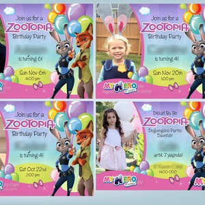 Puede incluir: Cuatro invitaciones a una fiesta de cumplea&ntilde;os con tem&aacute;tica de Zootopia. Cada invitaci&oacute;n presenta una foto de un ni&ntilde;o, el logotipo de Zootopia y el texto "Join us for a Zootopia Birthday Party". Las invitaciones incluyen la fecha, la hora y la edad.