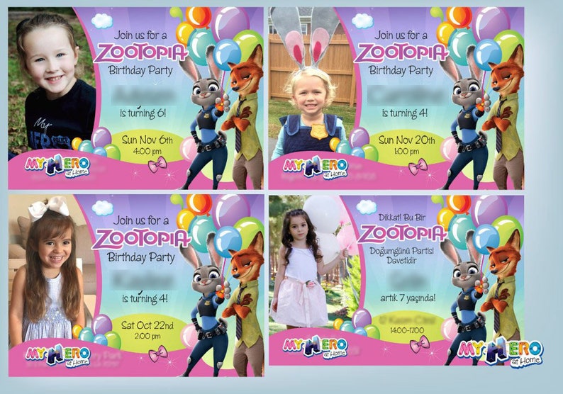 Puede incluir: Cuatro invitaciones a una fiesta de cumplea&ntilde;os con tem&aacute;tica de Zootopia. Cada invitaci&oacute;n presenta una foto de un ni&ntilde;o, el logotipo de Zootopia y el texto "Join us for a Zootopia Birthday Party". Las invitaciones incluyen la fecha, la hora y la edad.
