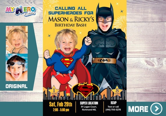 Superman and Batman Birthday Invitation. Joint Batman and Superman Invitation. Superman vs Batman Joint Party. Joint Superheroes Party. 066 Il_570xn