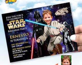 Star Wars party Invitation customized with kid as the star, Jedi Birthday photo Invite. 005