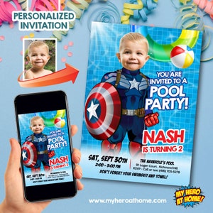 Captain America Pool party Invitation with photo, Capt America Waterslide Party, Captain America Invitation template. 698