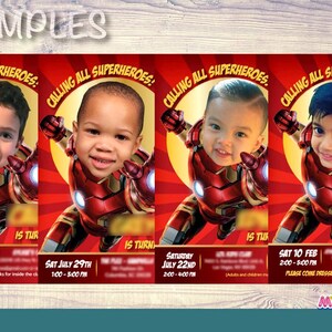 May include: Superhero-themed party invitations featuring four children in Iron Man costumes. The invitations have a red and yellow color scheme with the text "Calling All Superheroes!" and event details. The word "SAMPLES" is at the top.
