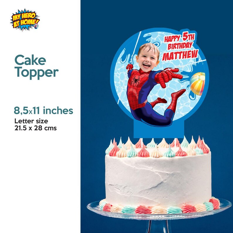Pu&ograve; includere: Un cake topper con un bambino vestito da Spider-Man, con la scritta "HAPPY 5TH BIRTHDAY MATTHEW". Il topper misura 21,5 x 28 cm. La torta &egrave; bianca con glassa colorata.