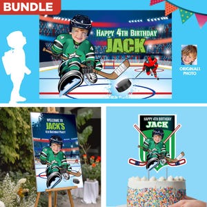 Bundle Hockey Party decoration with your photo, Hockey Banner, Hockey player Backdrop, Cake Topper of Hockey, Hockey Welcome Sign. 2309B4