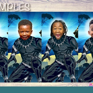 May include: Four children's faces are superimposed on a Black Panther costume illustration. The background is a blue and green landscape with the word "SAMPLES" at the top. The bottom of the image has the text "MY HERO at HOME".