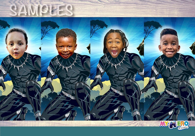 May include: Four children's faces are superimposed on a Black Panther costume illustration. The background is a blue and green landscape with the word "SAMPLES" at the top. The bottom of the image has the text "MY HERO at HOME".