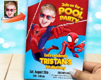 Personalized Spidey Pool Party Birthday Invitation Featuring kid as Spiderman. 105INC