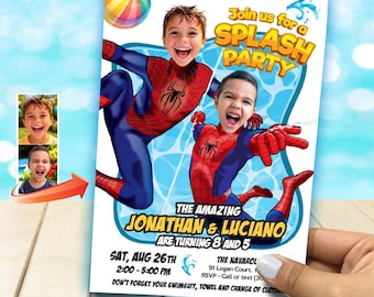 Personalized Two Spiderman Siblings Splash Party Invitation with children as the Stars. 2475B