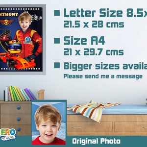 May include: A personalized poster featuring a child dressed as a race car driver with the name "ANTHONY" at the top. The poster is framed and has a blue background with a race track and a red race car. The poster is available in Letter size (8.5x11 inches) and A4 size (21x29.7 cm).